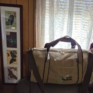 Lee Vintage canvas Khaki Duffel Bag with Dark Brown Handles Travel Y2k